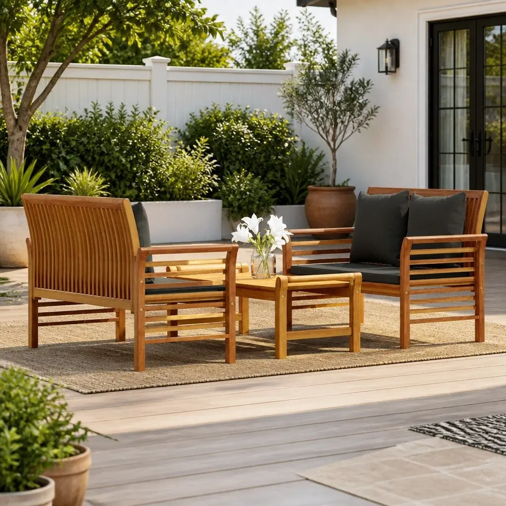 Garden Lounge Set Outdoor Furniture 3 Piece Brown Acacia Wood with Cushions
