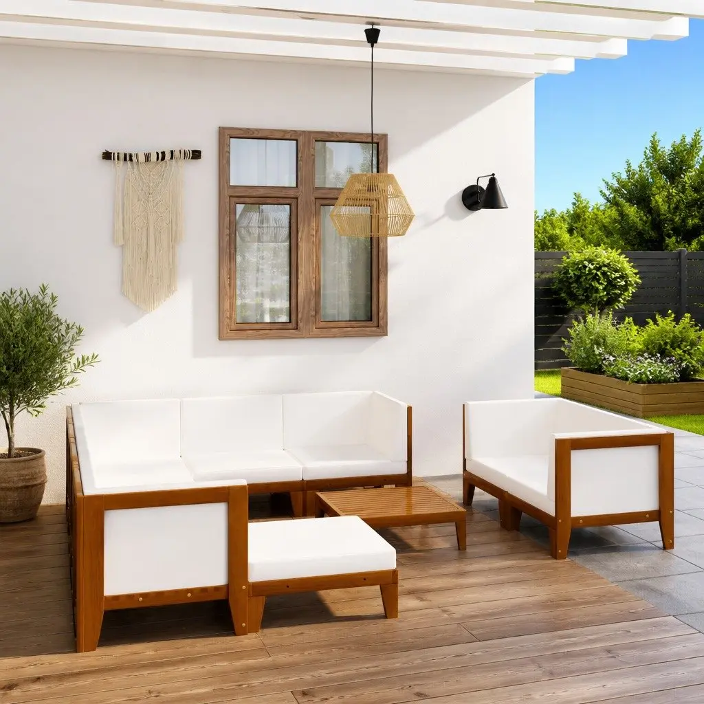 Garden Lounge Set 10 Piece Outdoor Furniture Acacia Wood Modular White Cushions