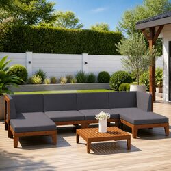 7 Piece Outdoor Furniture Set: Acacia Wood & Cushions