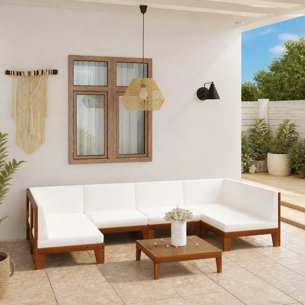 Outdoor Furniture Lounge Set 7 Piece Modular Acacia Wood with Cushions White