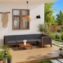 6 Piece Outdoor Lounge Set - Acacia Wood & Grey Cushions