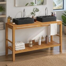 Bathroom Vanity Cabinet Solid Teak Wood with Two Marble Sinks Black Storage Unit