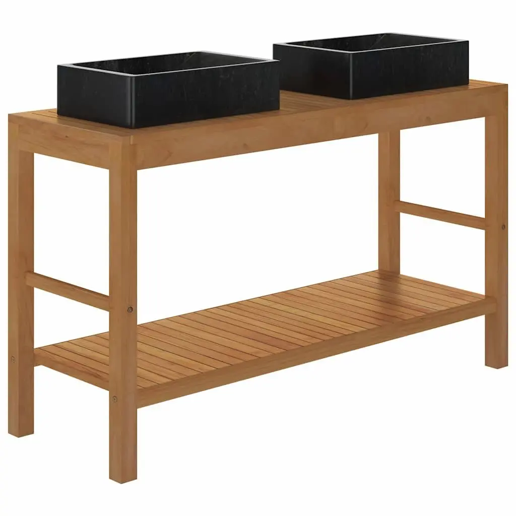 Bathroom Vanity Cabinet for Bathroom with Two Marble Sinks Solid Teak Wood Black