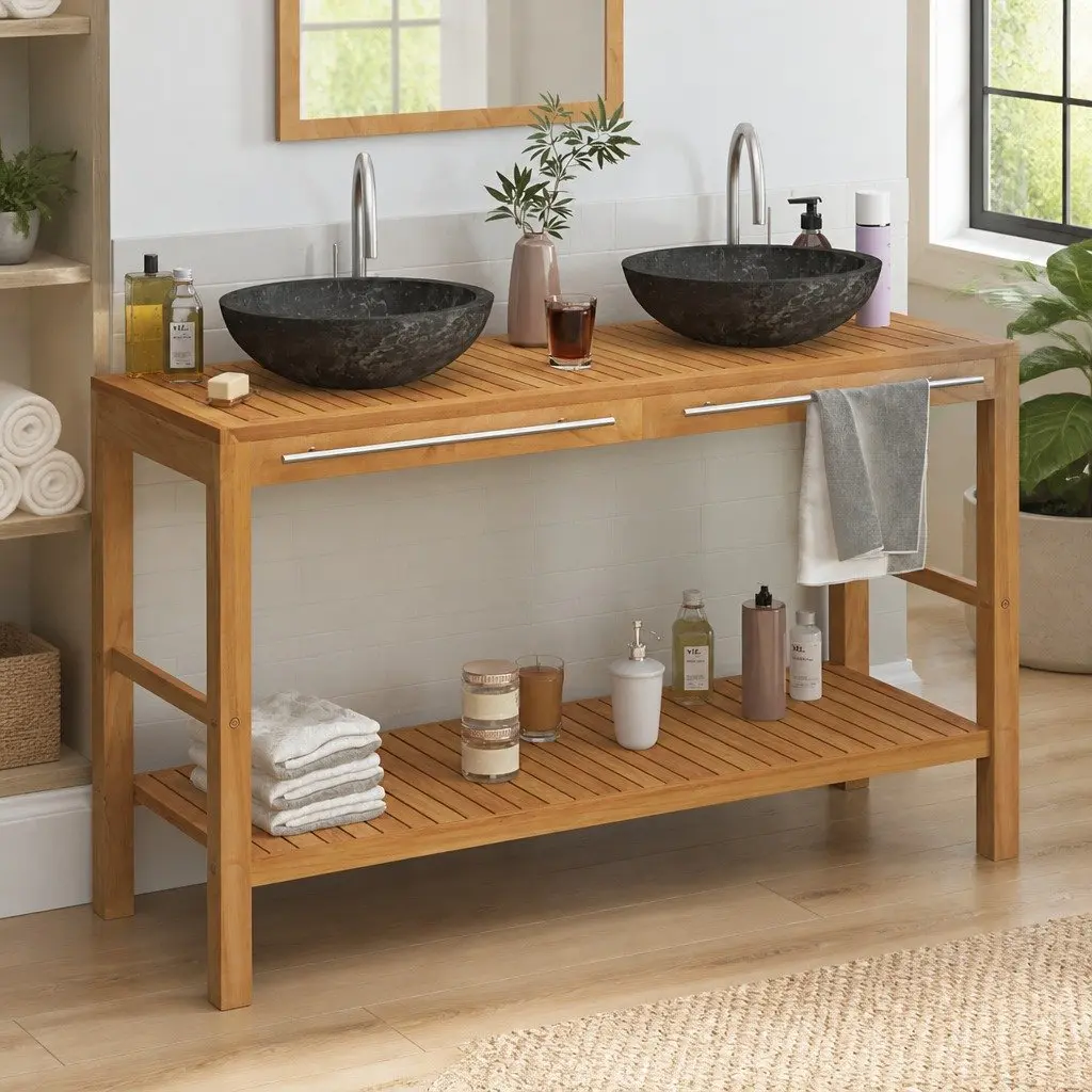 Solid Teak Bathroom Vanity with Marble Sinks