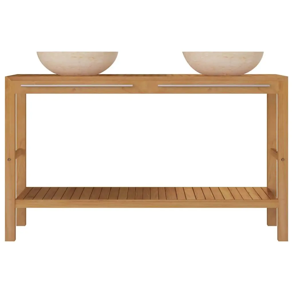 Bathroom Vanity Cabinet Solid Wood Teak Double Sinks Marble Countertop Storage