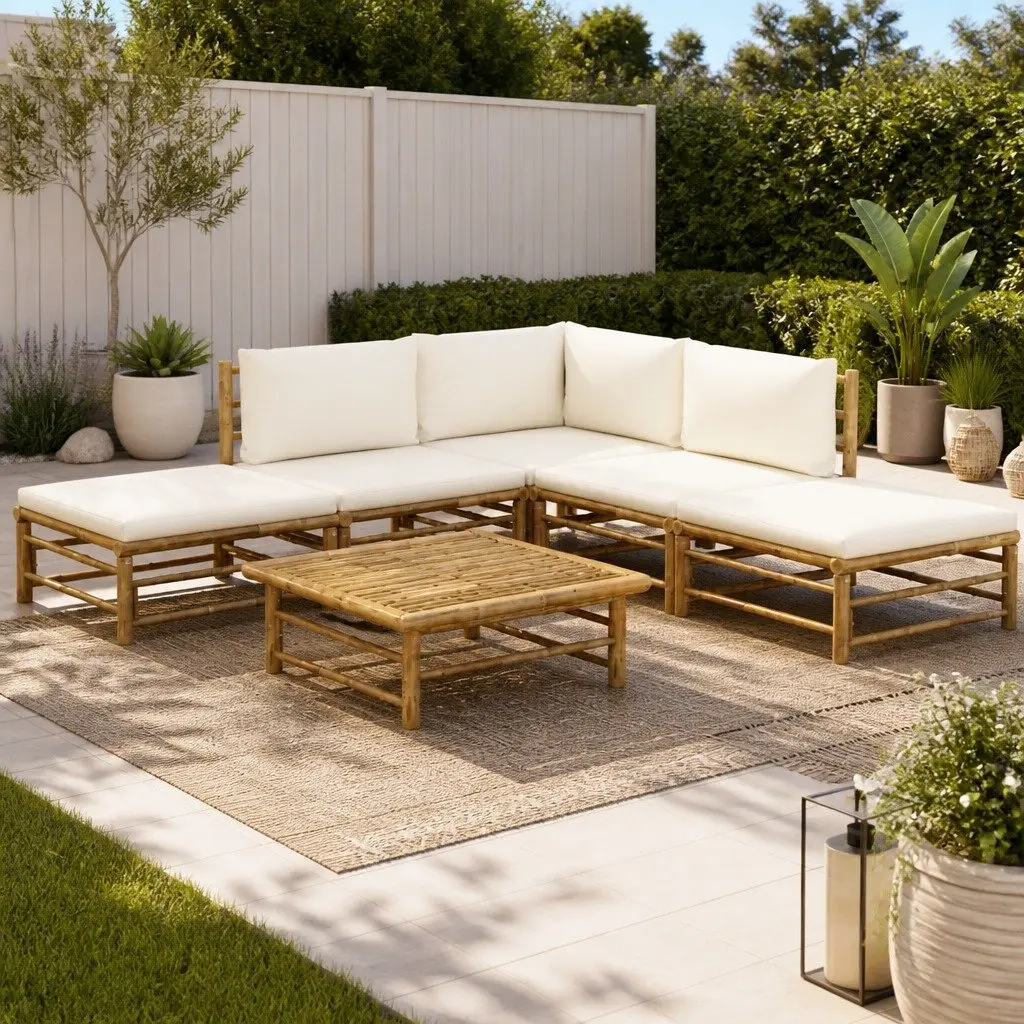 Bamboo Garden Lounge Set 6 Piece Outdoor Furniture with Cream White Cushions