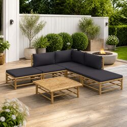 6 Piece Modular Bamboo Lounge Set with Dark Grey Cushions