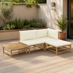 4 Piece Bamboo Garden Lounge Set Outdoor Furniture with Cream Cushions Modular