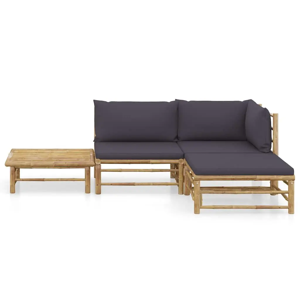 Bamboo Garden Lounge Set Outdoor Furniture Modular 4 Piece Dark Grey Cushions