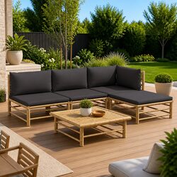 5 Piece Bamboo Garden Lounge Set Outdoor Furniture with Grey Cushions Modular