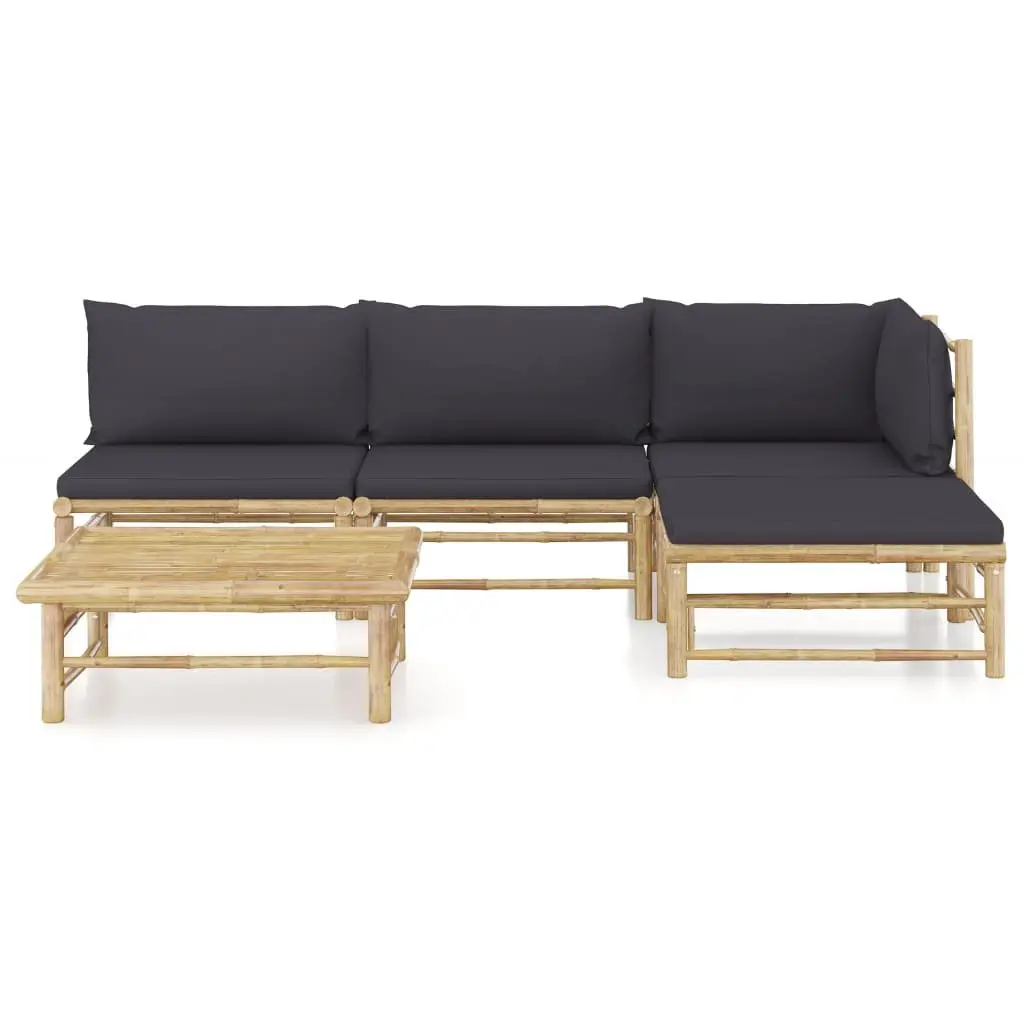 5 Piece Bamboo Garden Lounge Set Outdoor Furniture with Grey Cushions Modular