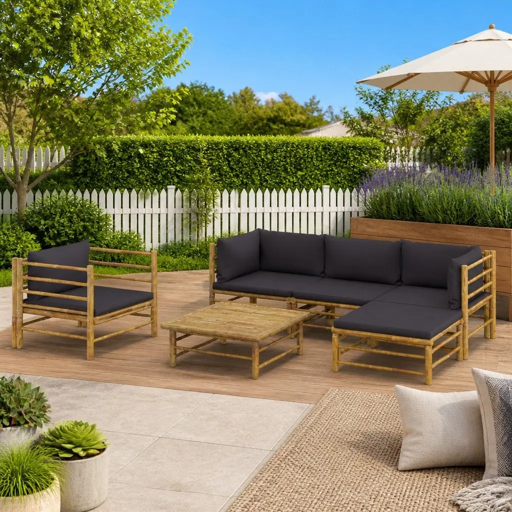 Bamboo Garden Lounge Set 6 Piece Outdoor Furniture Modular Grey Cushions