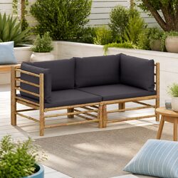 2 Piece Bamboo Garden Lounge Set Outdoor Furniture with Grey Cushions Patio
