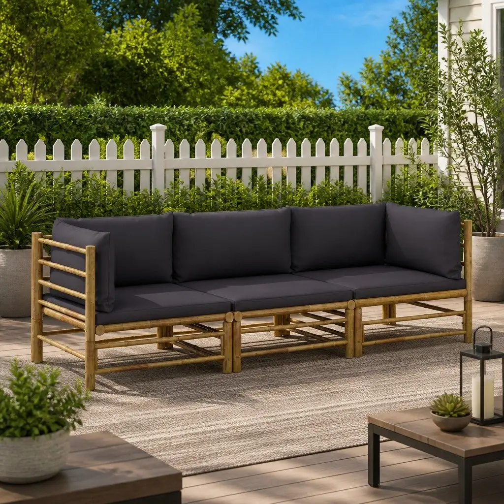 Bamboo Garden Lounge Set 3 Piece Outdoor Furniture Modular Dark Grey Cushions