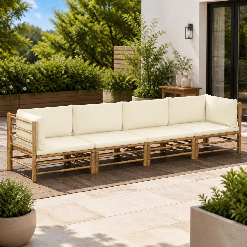 Bamboo Outdoor Furniture Lounge Set Modular 4 Piece with Cushions White