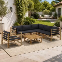 7 Piece Modular Lounge Set - Bamboo & Grey Cushions