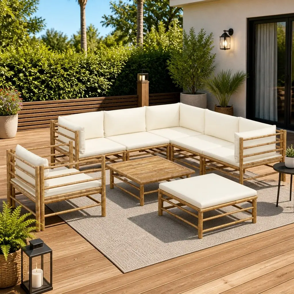 Garden Lounge Set Modular Outdoor Furniture 8 Piece Bamboo with Cream Cushions