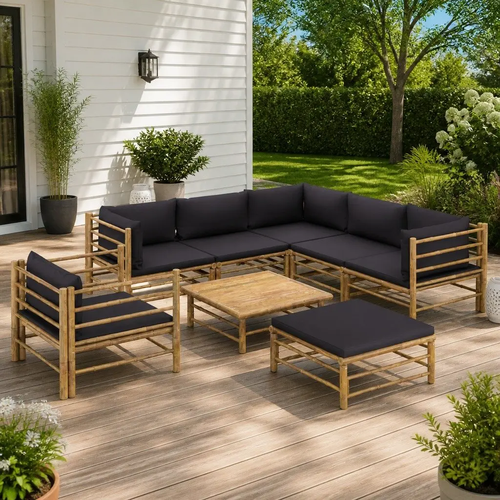 Garden Lounge Set 8 Piece Outdoor Furniture Patio Modular Bamboo Dark Grey Cushions