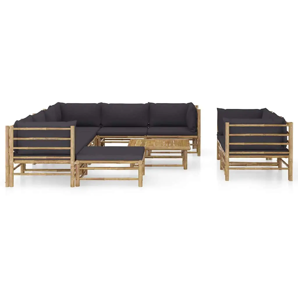 Garden Lounge Set 10 Piece Bamboo Outdoor Furniture with Grey Cushions Modular