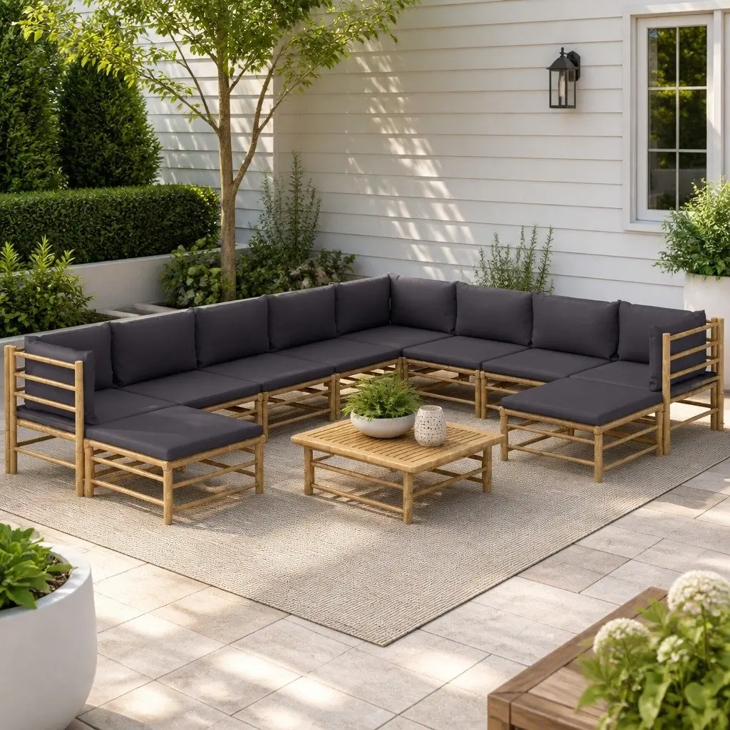 Garden Lounge Set Modular Outdoor Furniture 11 Piece Bamboo with Grey Cushions