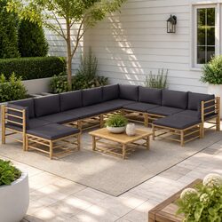 11 Piece Modular Bamboo Lounge Set with Thick Cushions