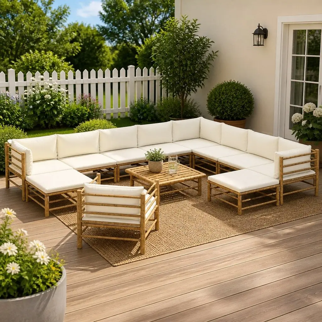 Bamboo Garden Lounge Set 12 Piece Outdoor Furniture Modular Cream Cushions