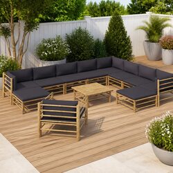 Garden Lounge Set 12 Piece Bamboo Outdoor Furniture Grey Cushions Modular