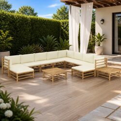 Bamboo Garden Lounge Set - 12 Pieces with Cream Cushions