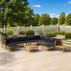 Outdoor Garden Lounge Set 12 Pieces Bamboo Modular Furniture with Grey Cushions