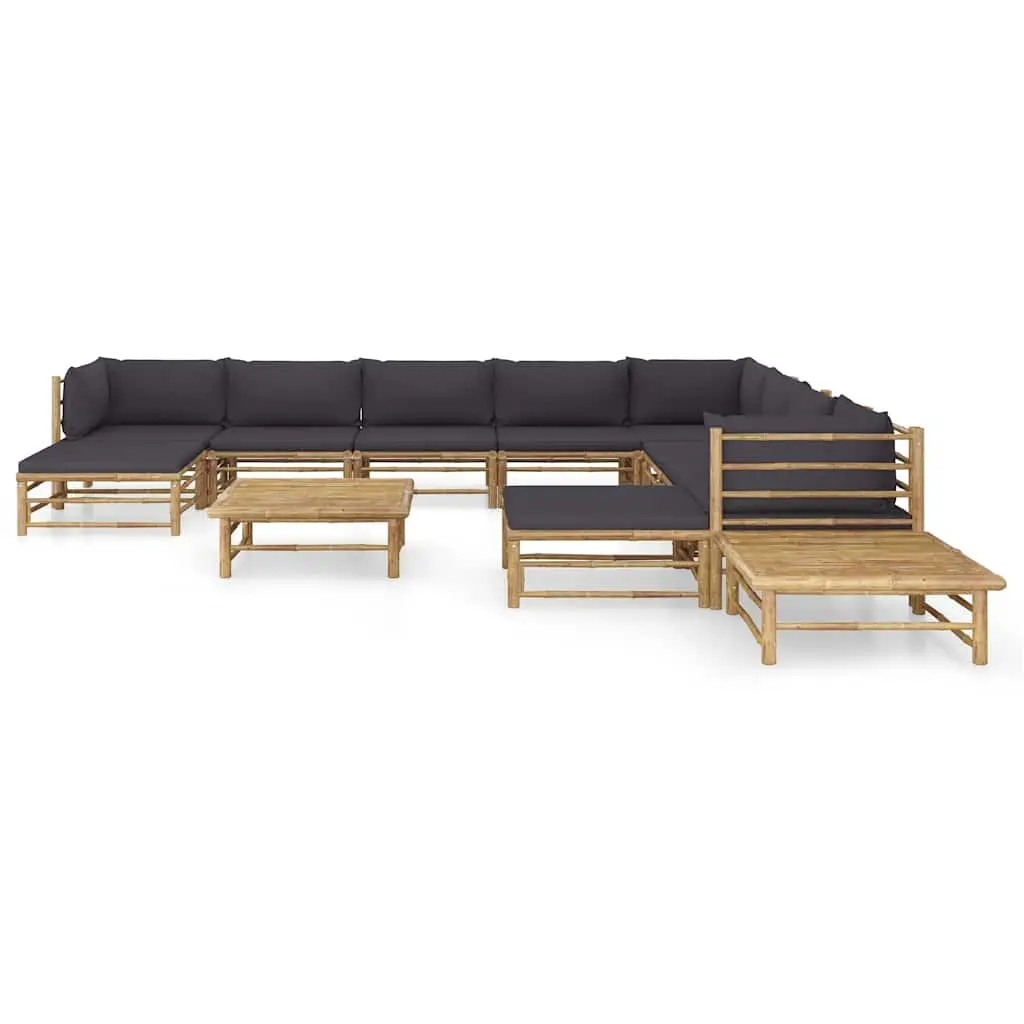 Outdoor Garden Lounge Set 12 Pieces Bamboo Modular Furniture with Grey Cushions