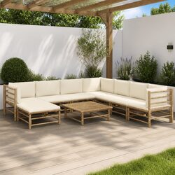 Garden Lounge Set 9 Piece Bamboo Outdoor Furniture White Cushions Modular