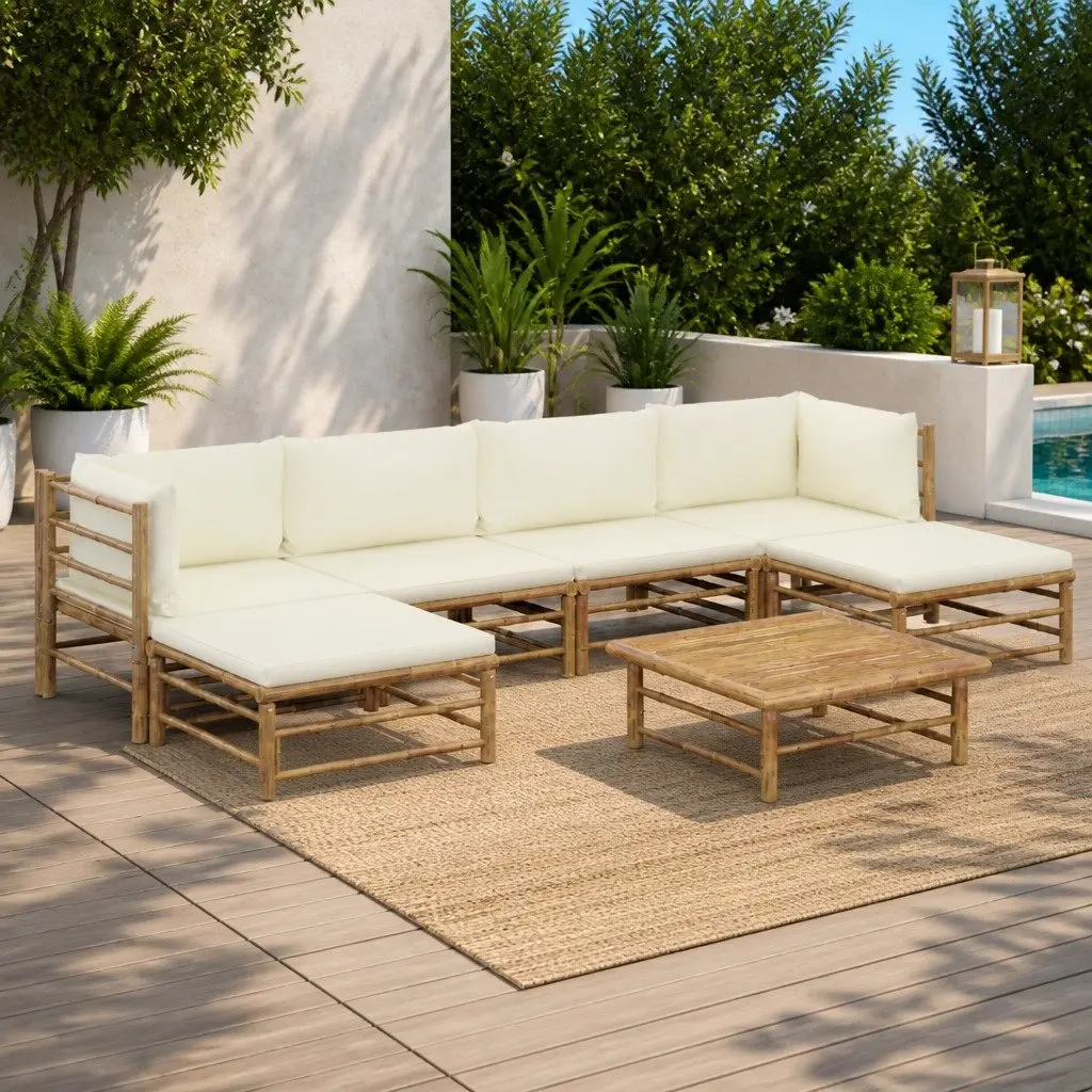 7 Piece Modular Bamboo Outdoor Lounge Set with Cream Cushions for Patio and Garden