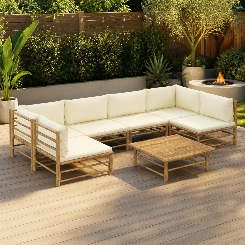 Bamboo Modular Lounge Set for Outdoor Use with Cream White Cushions 7 Pieces