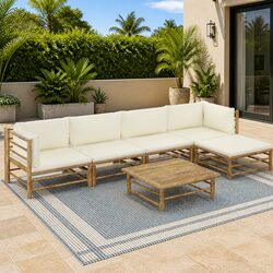 6-Piece Bamboo Lounge Set with Removable Cream White Cushions
