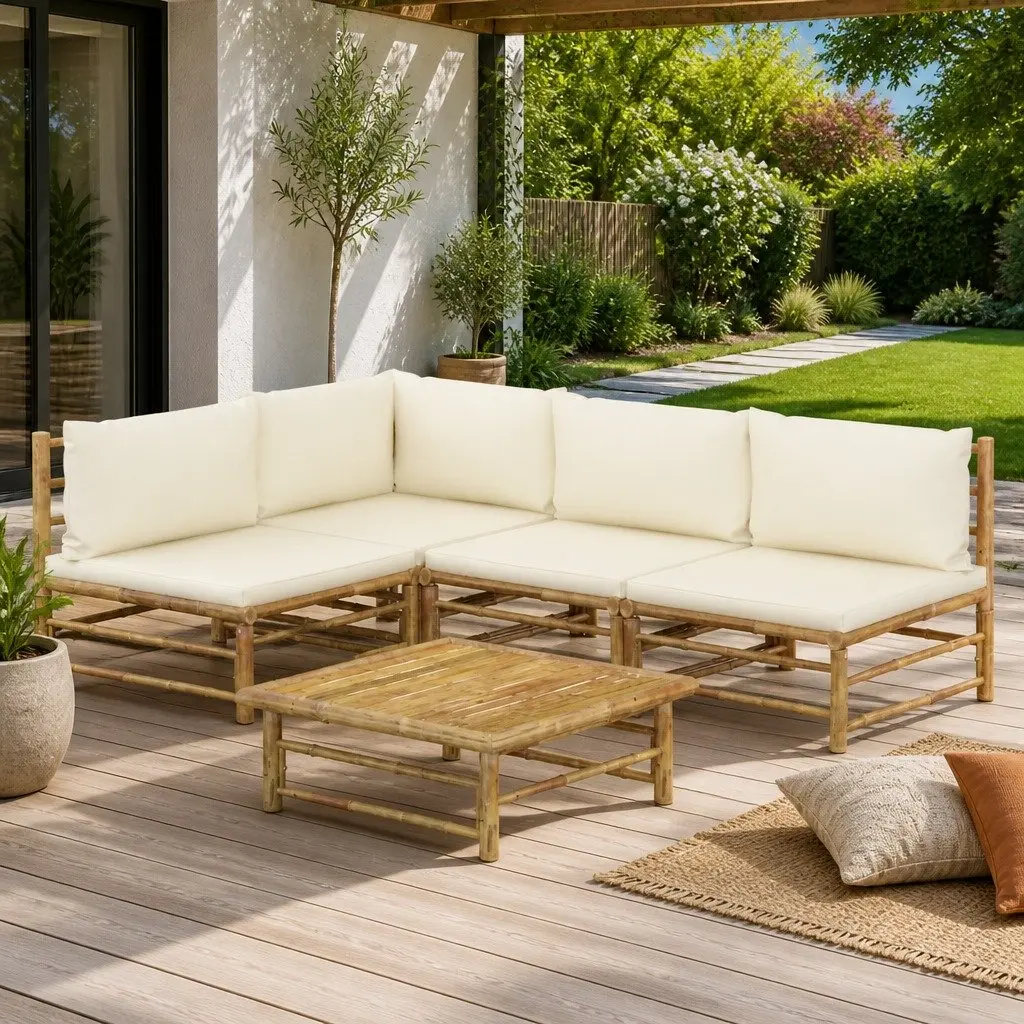 ModularBambooLoungeSetOutdoorGarden5PieceCreamWhiteCushions