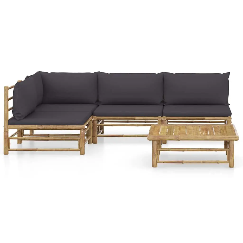 5 Piece Bamboo Garden Lounge Set Outdoor Furniture with Grey Cushions Modular