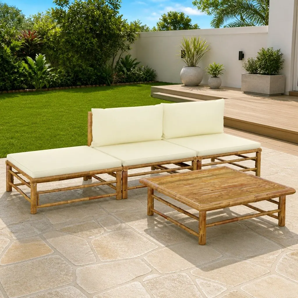 Modular 4 Piece Lounge Set Bamboo Outdoor Furniture Cream Cushions Garden Area