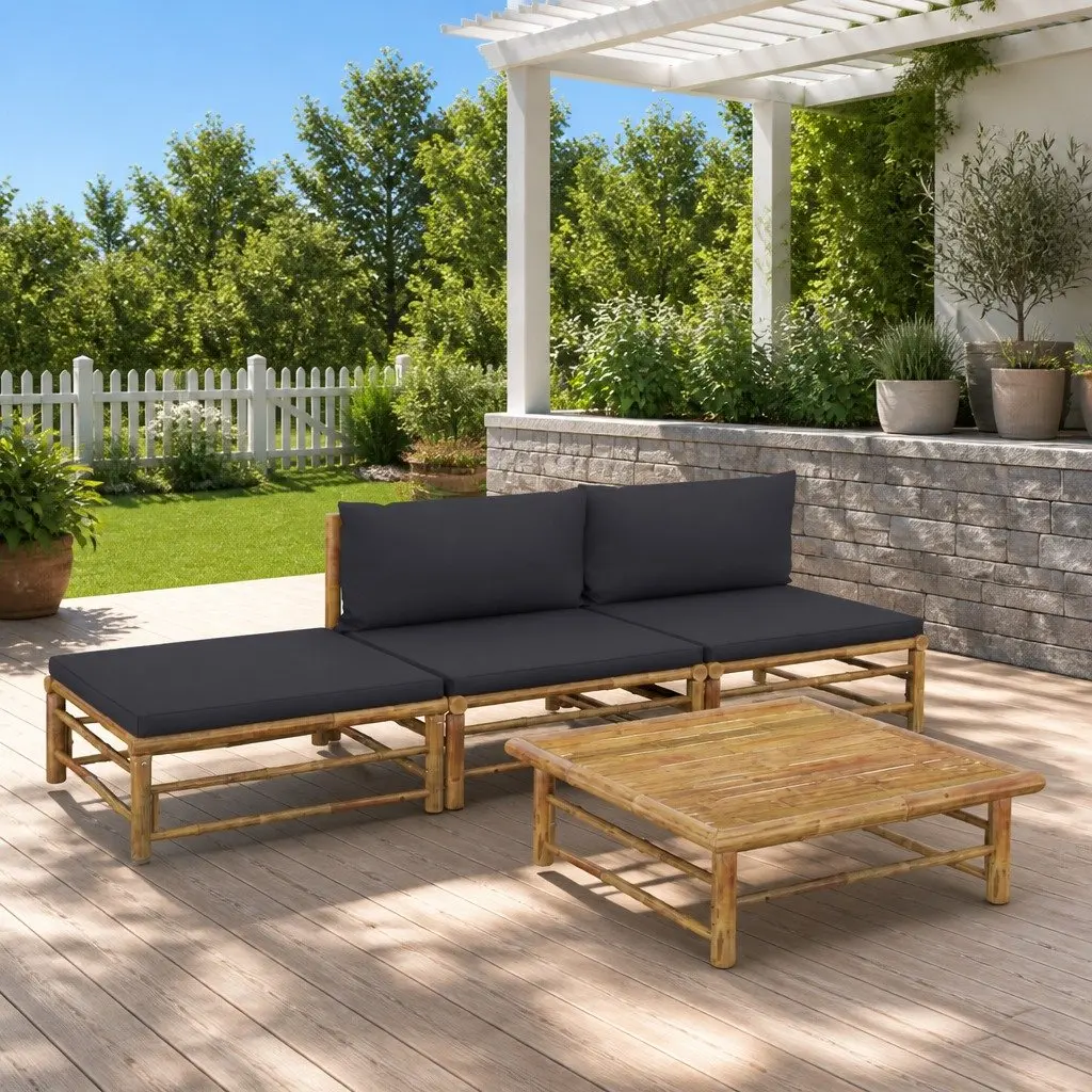 Bamboo Garden Lounge Set 4 Piece Outdoor Furniture with Grey Cushions Modular