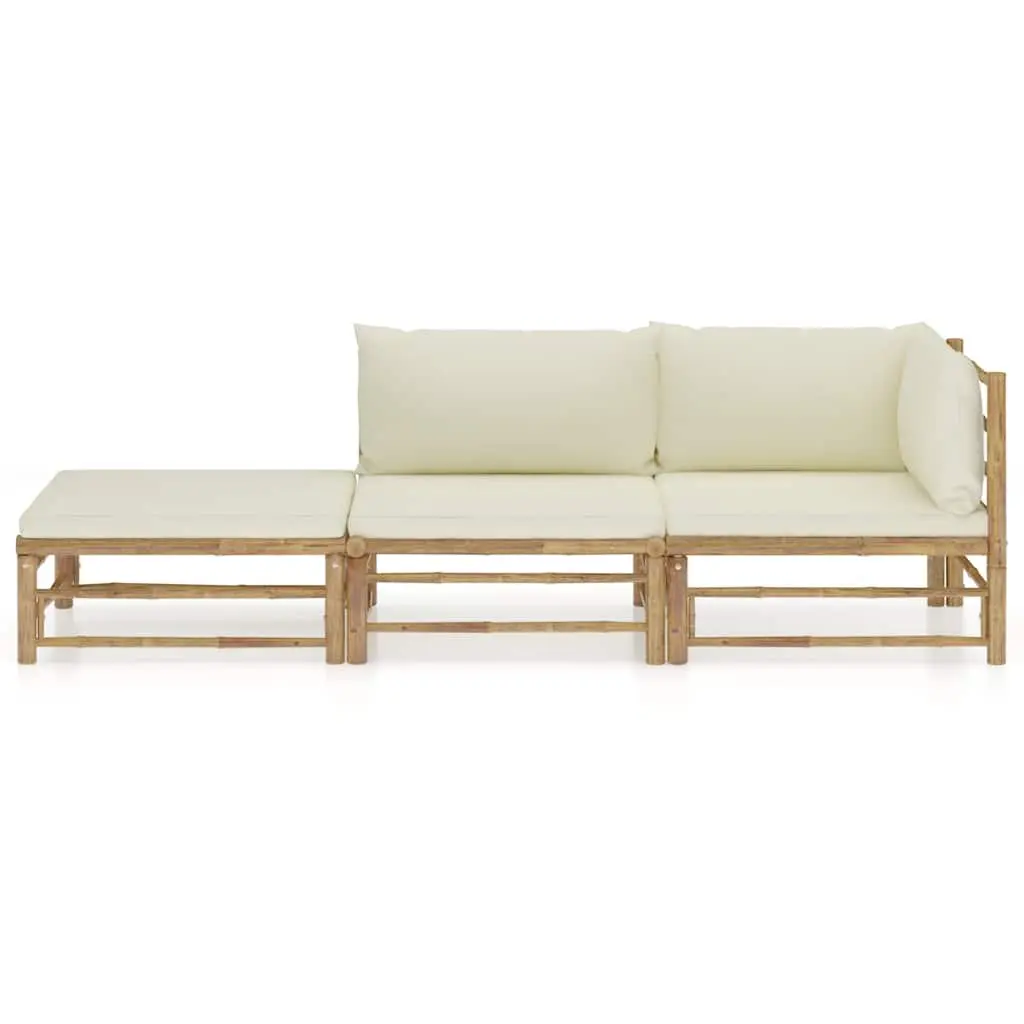 3 Piece Bamboo Garden Lounge Set Outdoor Furniture with Cream White Cushions