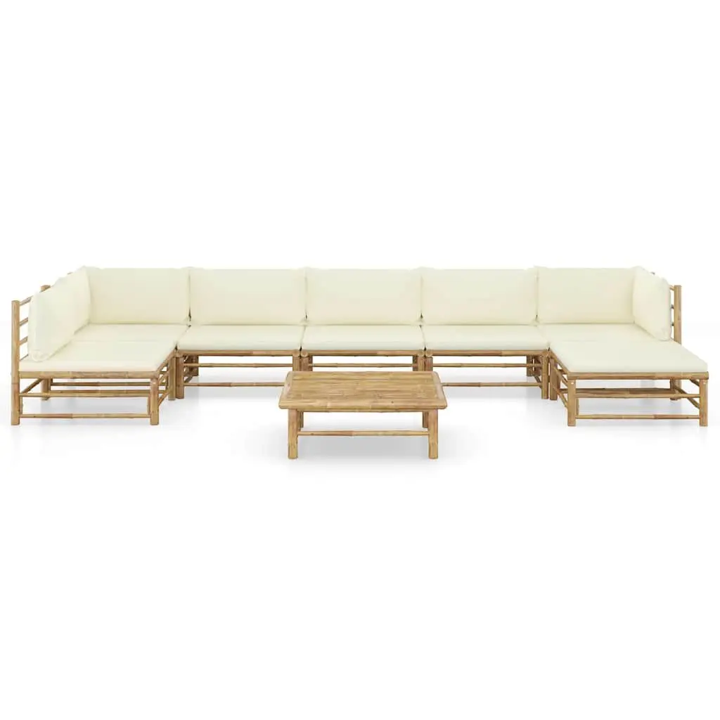 8 Piece Bamboo Garden Lounge Set Outdoor Use Cream White Cushions