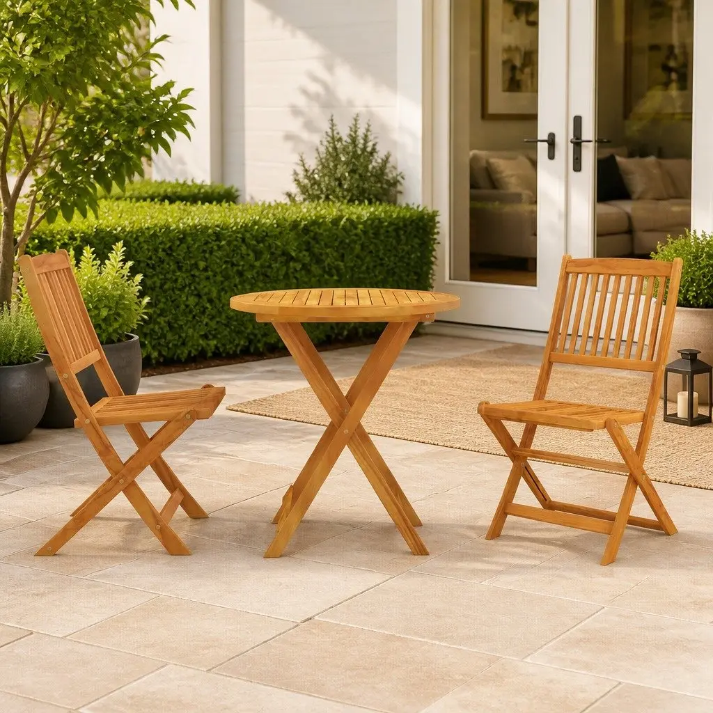 3 Piece Folding Garden Dining Set Outdoor Table Chairs Brown Wood Patio