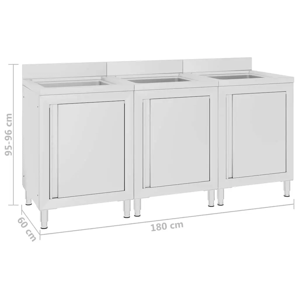 Commercial Kitchen Sink Cabinet 3 Piece Set Stainless Steel Storage Workspace
