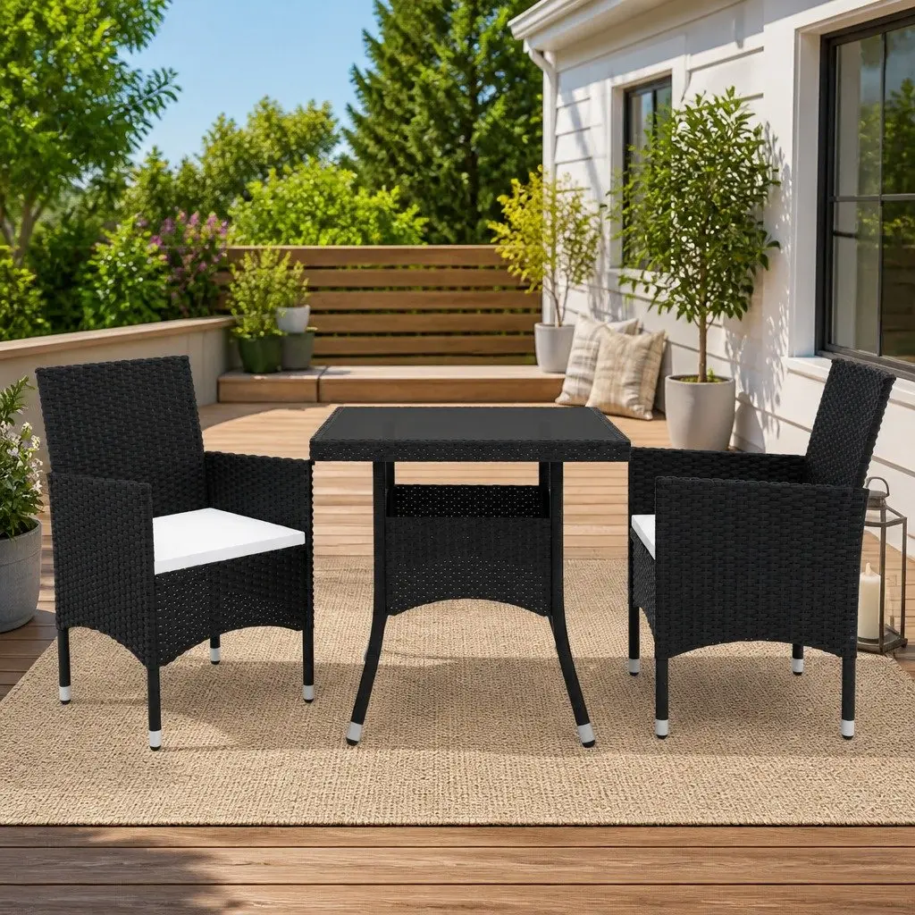 3 Piece Garden Dining Set Outdoor Patio Furniture Black Poly Rattan Glass
