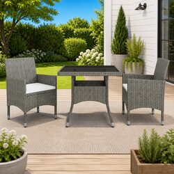 3 Piece Garden Dining Set: Grey Rattan and Steel