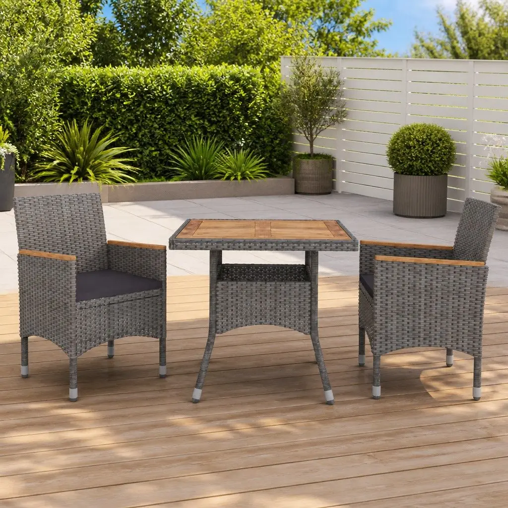 Outdoor Dining Set 3 Piece for Garden Grey Rattan Table Chairs with Cushions