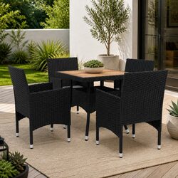 5 Piece Outdoor Dining Set Black PE Rattan Acacia Wood Table Chairs Cushions