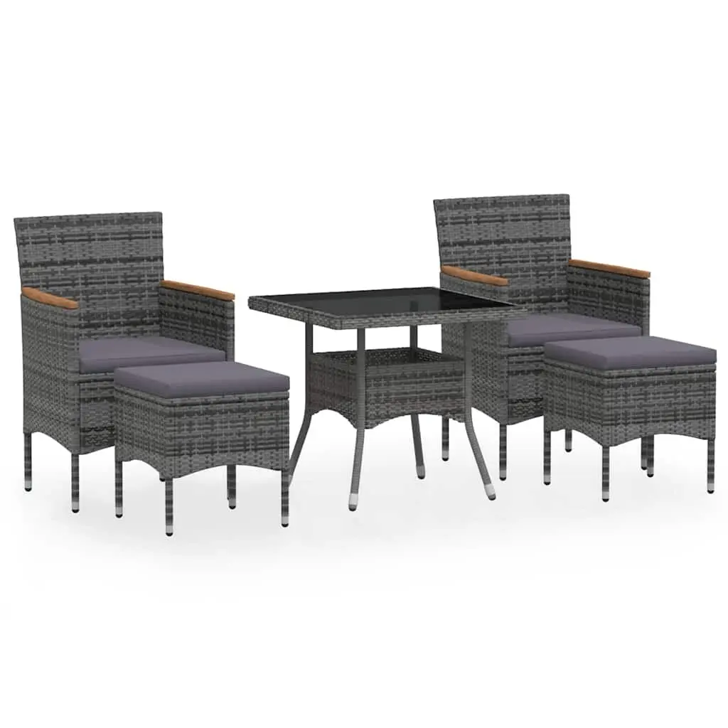 5 Piece Garden Dining Set Outdoor Grey Poly Rattan Tempered Glass Table Chairs