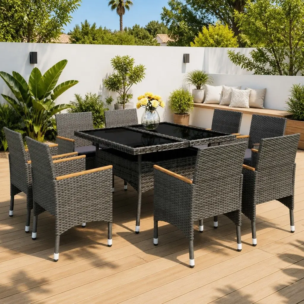 9 Piece Outdoor Dining Set Garden Patio Grey Poly Rattan Acacia Wood Furniture