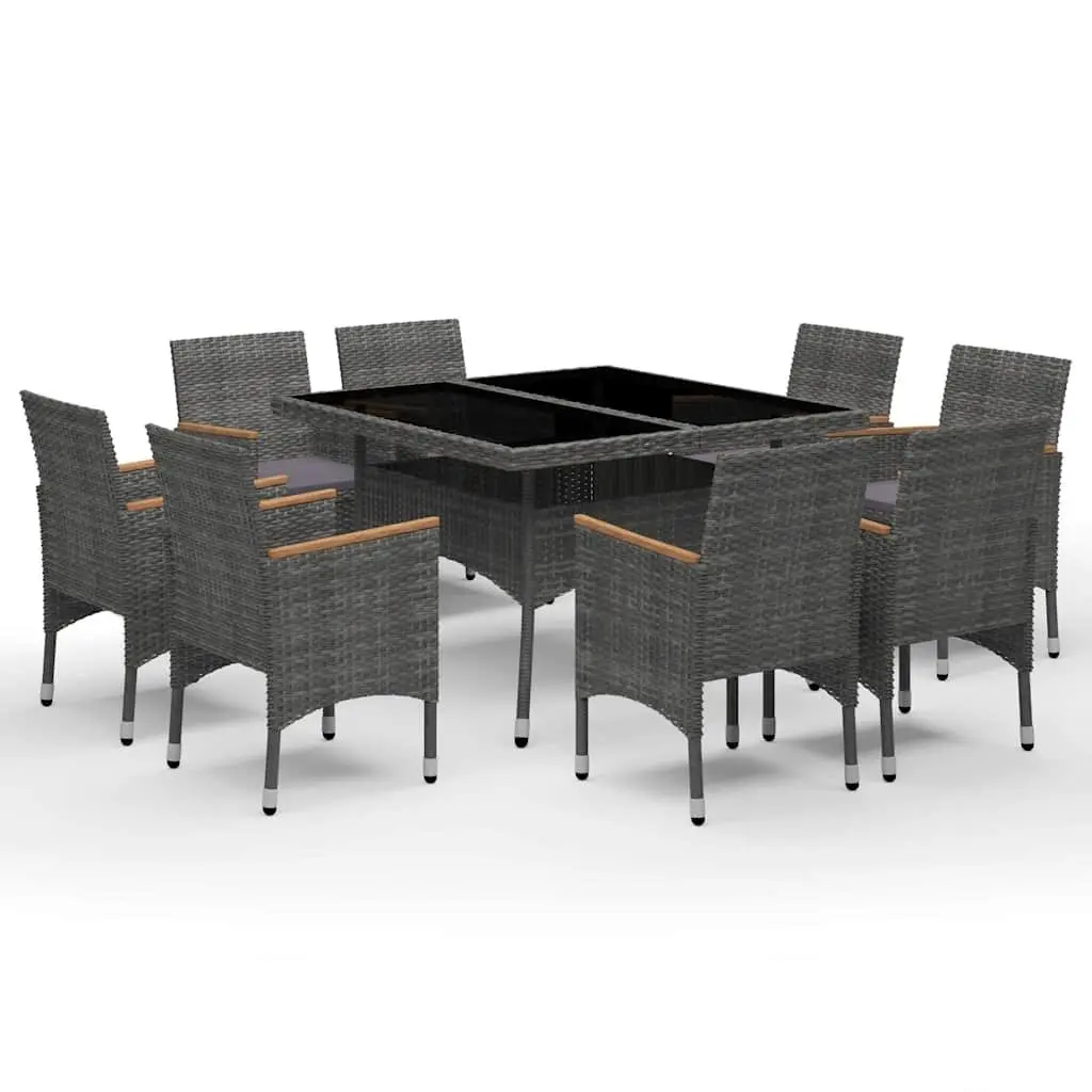 9 Piece Outdoor Dining Set Garden Patio Grey Poly Rattan Acacia Wood Furniture