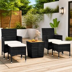 5 Piece Bistro Set: Acacia Wood Table, PE Rattan Chairs